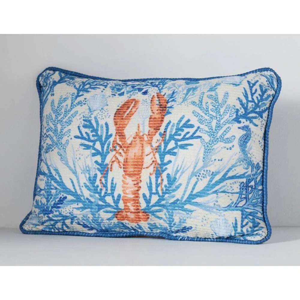 Anthropologie Outdoor Pillow Marina Lobster Blue Natuical Coastal‎ Decor Throw